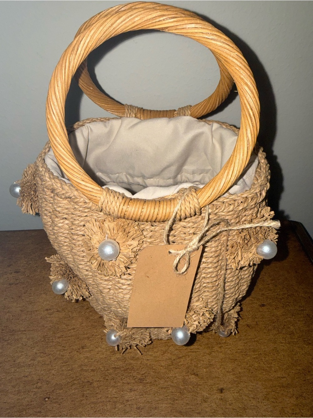 Pearl Flower Straw Bucket Handbag, - Picture 6 of 7